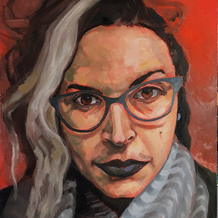 A painted portrait in which a genderqueer Palestinian person with long wavy black hair that has a pale streak in front is staring directly at the viewer from against a fiery orange background. They are wearing black lipstick, large horn-rimmed glasses, and a grey and black rippled scarf. A turquoise stud earring is visible on their left ear.